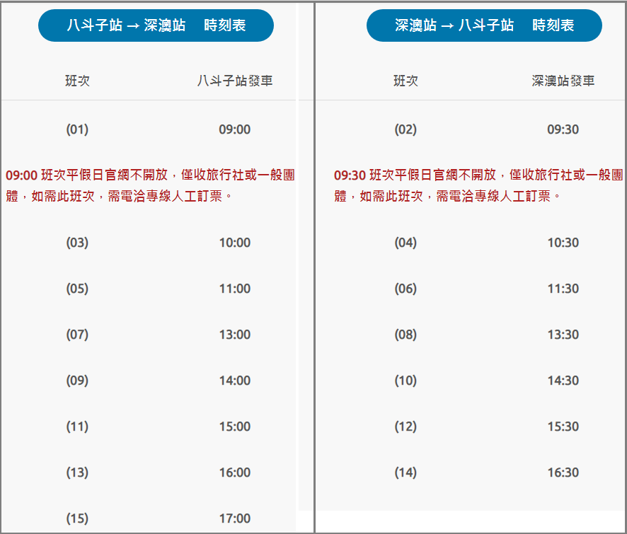 深澳鐵道自行車搭車時刻表